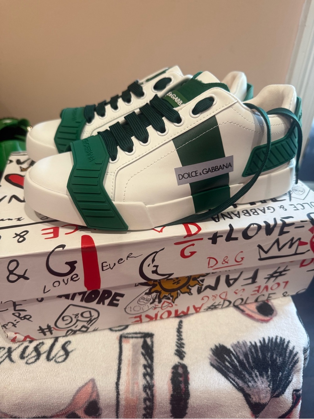 White Leather Sneakers with Green Accents